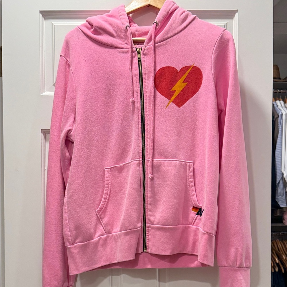 Aviator Nation - Size M -Pink Heart Lightning Full Zip Hoodie